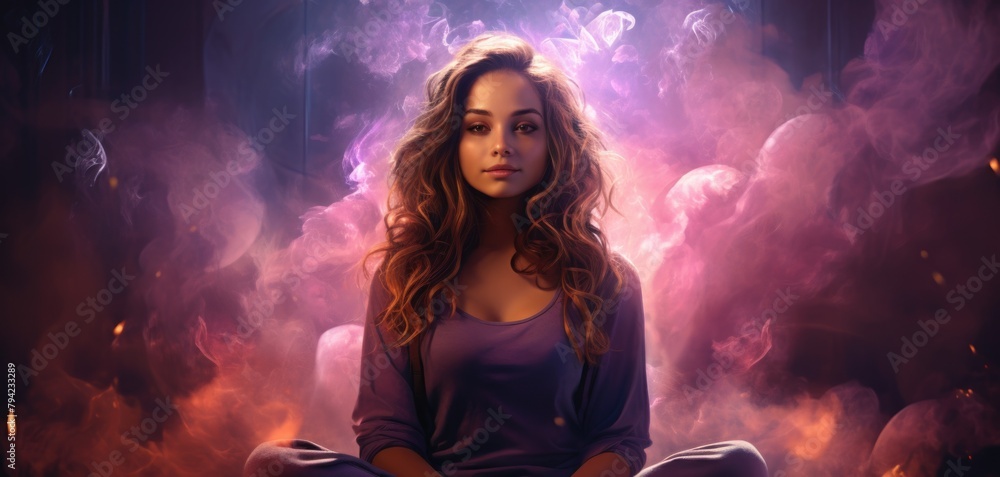 A woman sits and meditates in outer space. Fantastic universal energy. A woman sits and meditates in outer space. Fantastic universal energy.