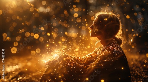 The woman is illuminated with golden lights, awakening spiritual strength. Exit to astral space.
