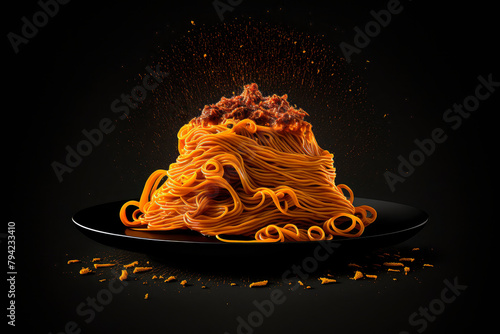 spaghetti bolognese studio food photo, dark black background. Generative AI, photo
