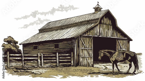 a drawing of a horse standing in front of a barn