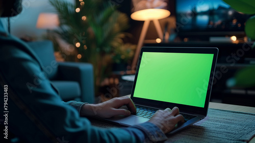 Laptop is used by a man looking at a green screen. Freelancer is seen working remotely from home. He is typing on the keyboard, and browsing internet close up