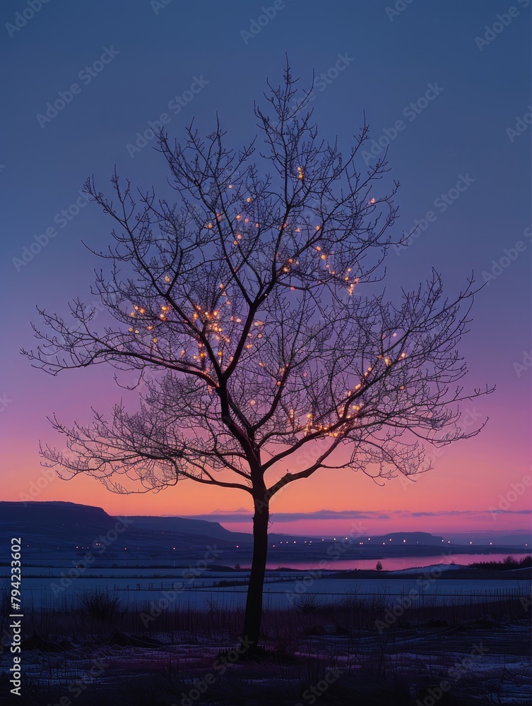 a leafless tree with illuminated branches against a twilight sky, illustration made with Generative Ai a leafless tree with illuminated branches against a twilight sky, illustration made with Generative Ai