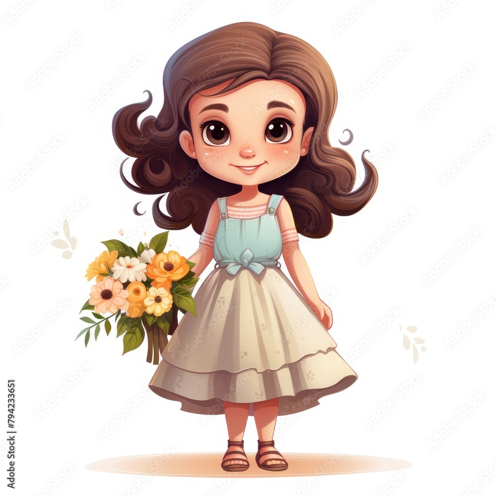 Girl in White Dress With Bouquet of Flowers Girl in White Dress With Bouquet of Flowers
