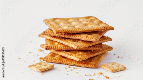 A stack of crackers on a white table, perfect for food and kitchen concepts photo