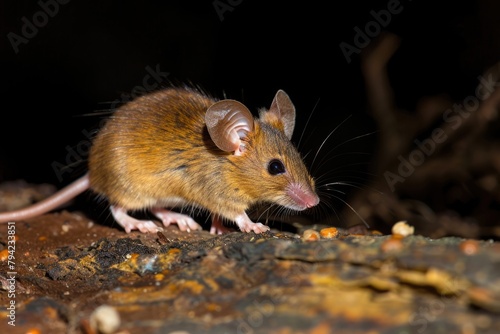 Wildlife Photography of a Cute and Small Brown Rodent - Golden Mouse in Forest at Night photo