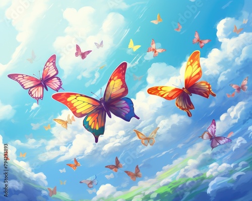 Delicate rainbow butterflies flutter on a blue sky with clouds. © Boomanoid