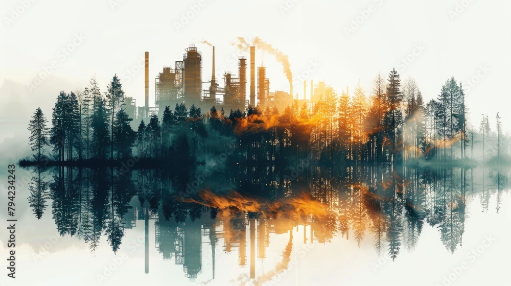 Dawn breaks over a mist-covered river with the silhouettes of industrial structures reflected on the water.