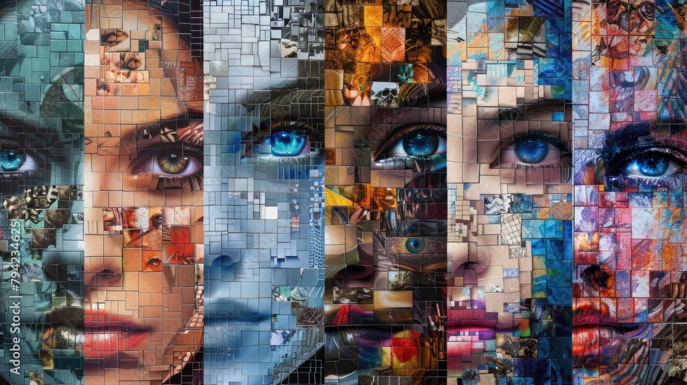 Close-up of a woman face with intricate designs mosaic collage