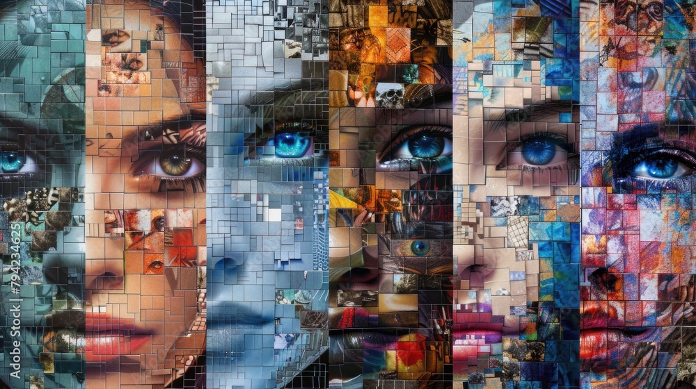 Fototapeta premium Close-up of a woman face with intricate designs mosaic collage