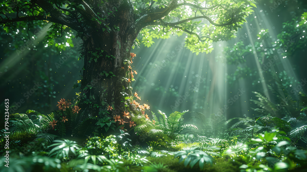  A lush, green forest with rays of sunlight piercing through the canopy and illuminating vibrant foliage. Created with Ai
