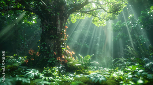  A lush  green forest with rays of sunlight piercing through the canopy and illuminating vibrant foliage. Created with Ai