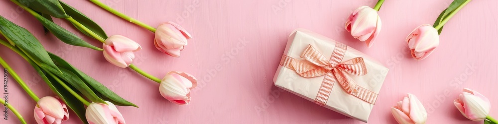 Pink Tulips and Gift on Pink Background Pink Tulips and Gift on Pink Background