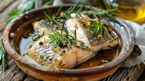 A plate of fish with herbs served with a glass of wine. Ideal for restaurant menus