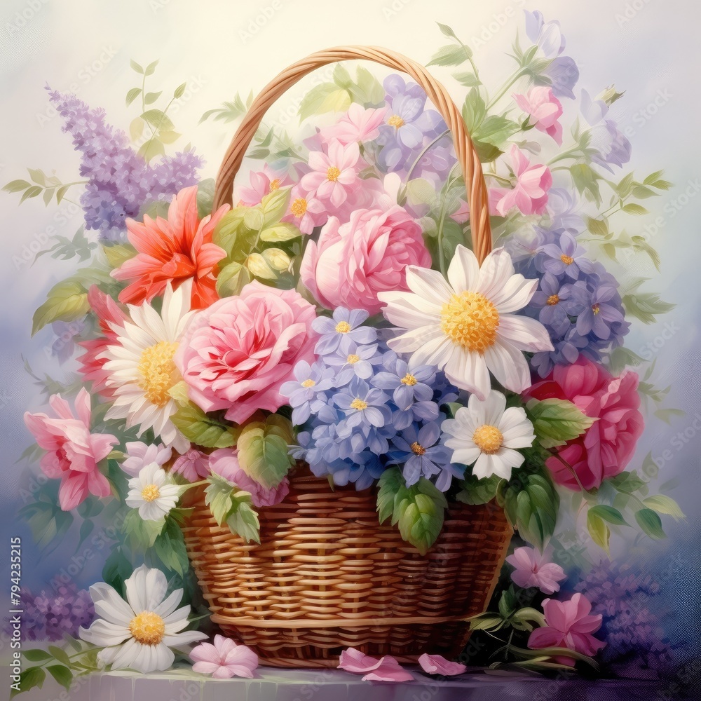 Beautiful flowers of different varieties in a basket.