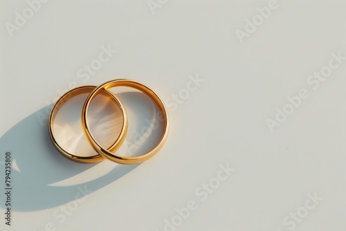 Two gold wedding rings lie laconically on a white background photo
