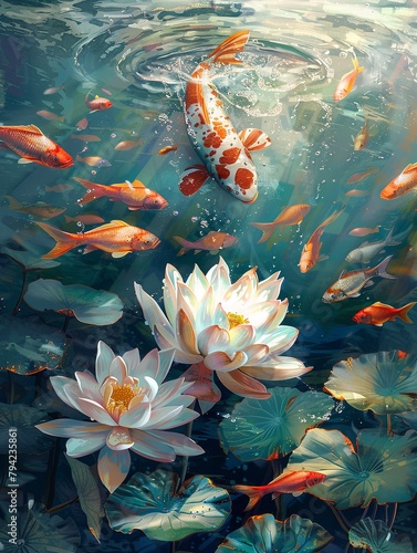A painting of a pond with a white flower and several fish. The mood of the painting is serene and peaceful