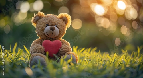 Toy bear sitting in grass holding heart © Boomanoid