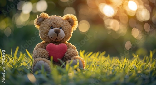 Toy bear sitting in grass holding heart