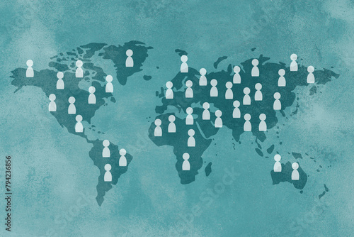 World population day, map with people, international equality, friendship and peace concept, awareness of global problems