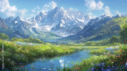 Majestic mountain landscape with streaming river