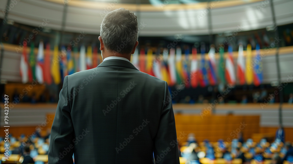 A man in a suit standing in front of an audience in a parliamentary setting, with various national flags in the background. A man in a suit standing in front of an audience in a parliamentary setting, with various national flags in the background.