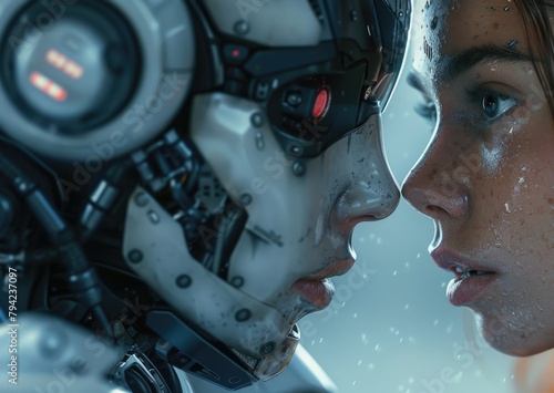 Interaction between a girl and a robot. The concept of the relationship between a person and artificial intelligence