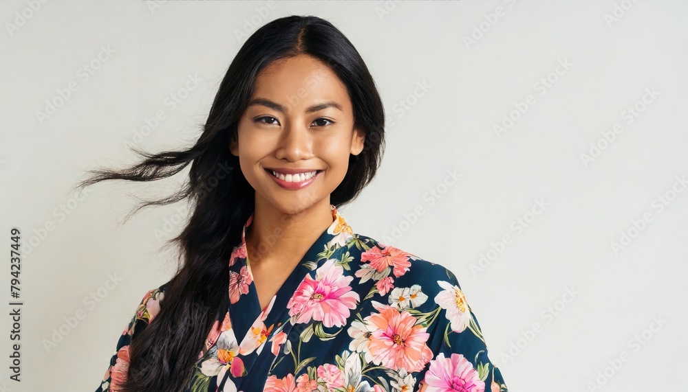 portrait of beautiful Asian woman with shoulder length hair in a floral robe smiling portrait of beautiful Asian woman with shoulder length hair in a floral robe smiling