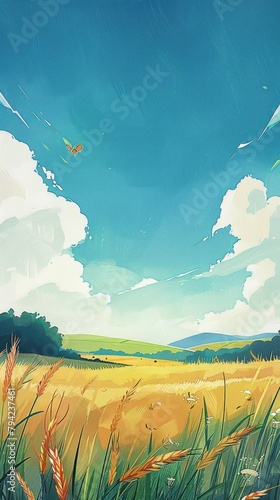 wheat field, blue sky, illustration made with Generative Ai © Santasombra