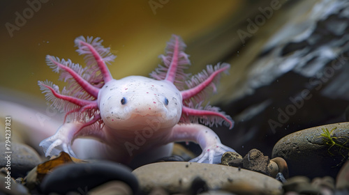 Close-Up Portrait of a Leucistic Axolotl in a Natural Aquatic Habitat