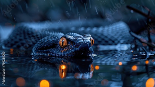 A dangerous predatory black snake with glowing yellow eyes swims through the water Poisonous exotic terrible reptile