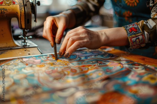 A woman working on a sewing machine. Suitable for fashion or crafting concepts