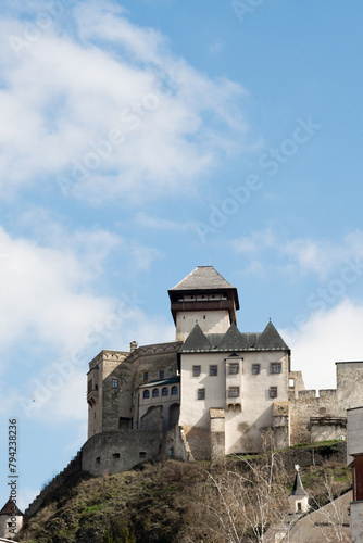 View of a Trencin castle walls and old towers in Slovakia