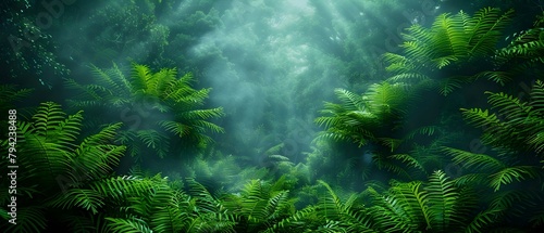 Lush green forest with wet palms ferns and fog in digital art. Concept Nature  Digital Art  Forest  Wilderness  Foggy Landscapes