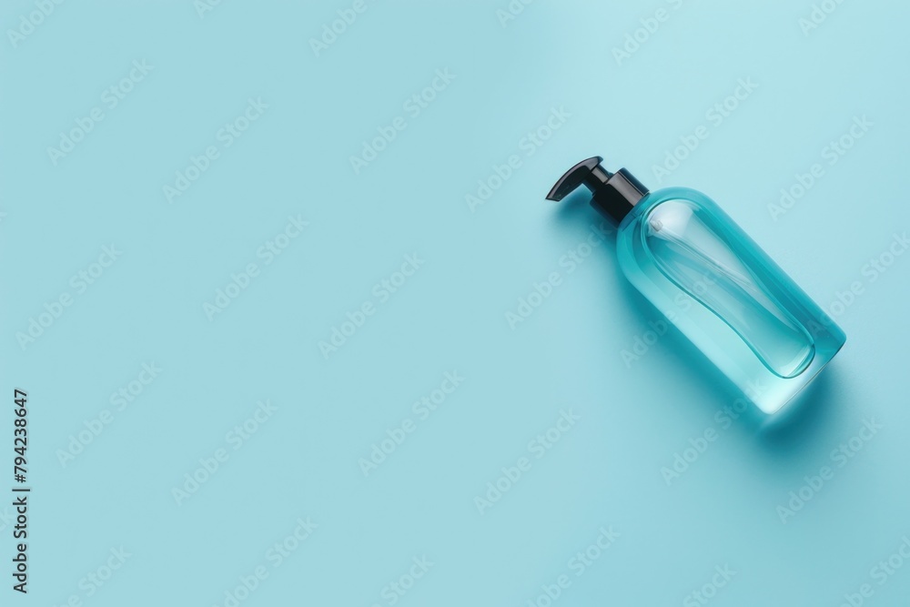 Clear glass bottle filled with liquid on a bright blue background. Suitable for various product presentations Clear glass bottle filled with liquid on a bright blue background. Suitable for various product presentations