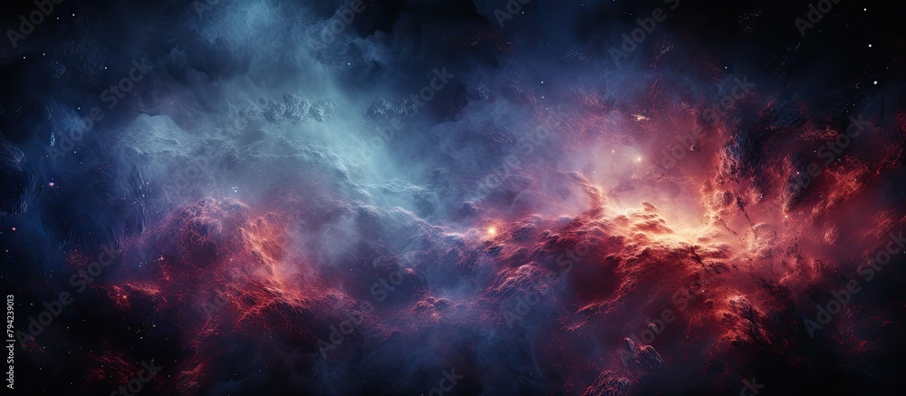 Dark Blue and Red Nebula with Stars in Background