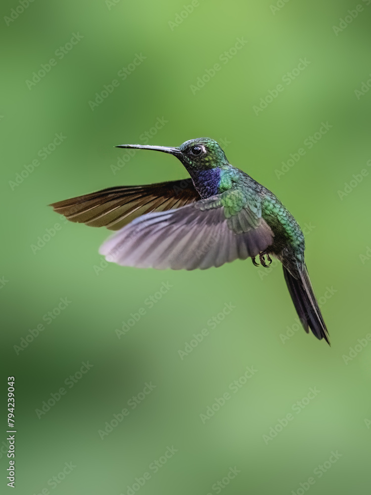 Fototapeta premium Napo Sabrewing Hummingbird in flight on green background
