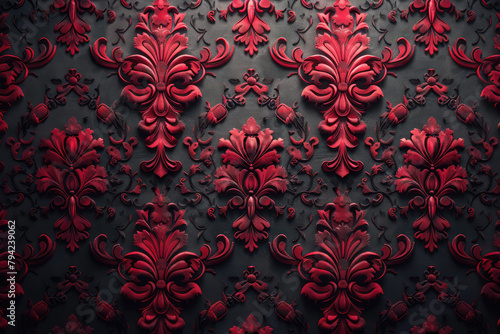 Dark red damask wallpaper with floral patterns. Created with Ai