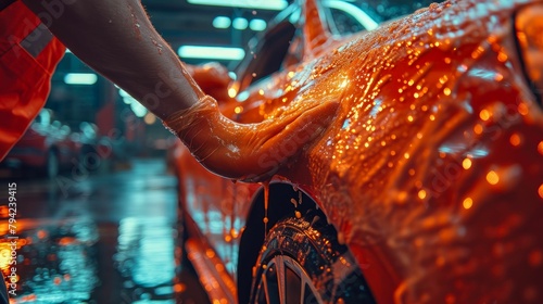 technician using a clay bar to remove contaminants from a car's surface, with a close-up to showcase the transformation and enhanced smoothness photo