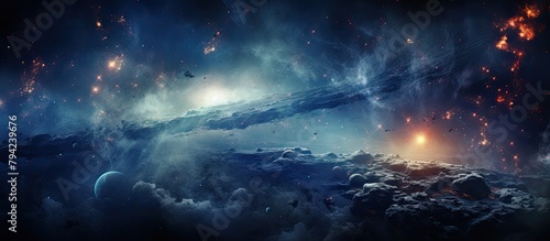A celestial painting with clouds and astronomical objects in the sky photo