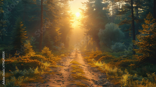  A dirt road leading through the forest at sunset, with rays of sunlight piercing through the trees and creating an enchanting golden glow on nature's canvas. Created with Ai
