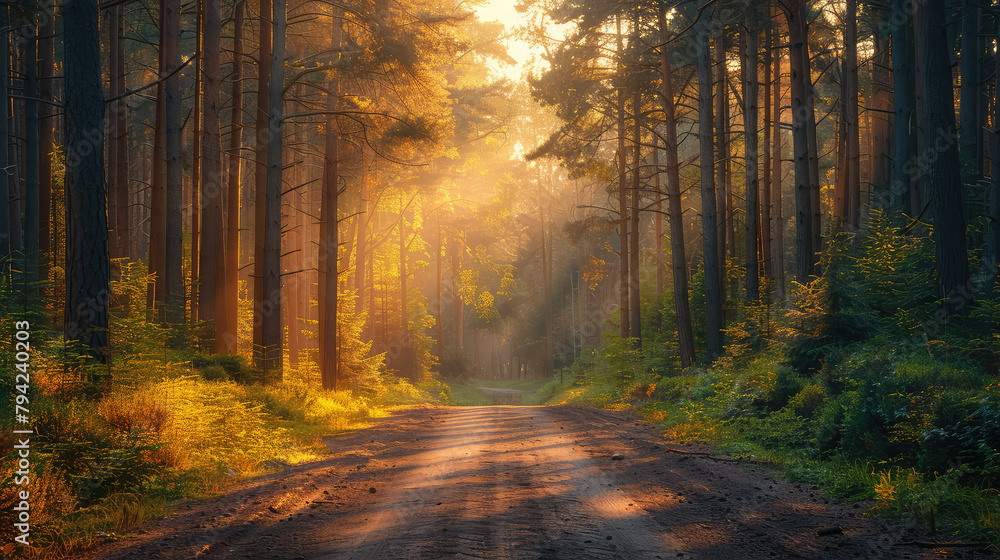 Sunrise in the forest, dirt road leading to heaven, golden light. Created with Ai