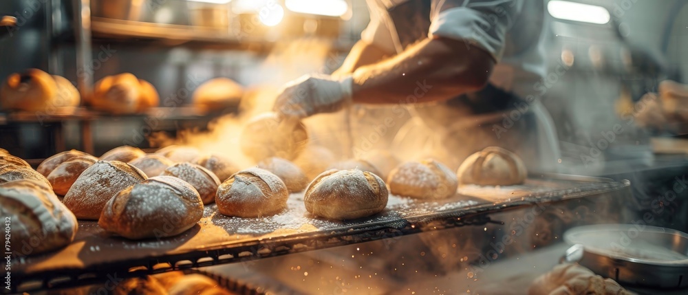 A baker is making bread in a bakery A baker is making bread in a bakery
