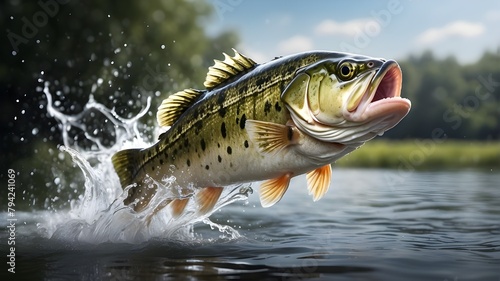  A Largemouth Bass Jumping Out of Water. This image should depict a realistic scene of a largemouth bass fish leaping out of the water with splashing droplets surrounding it. The background should be 