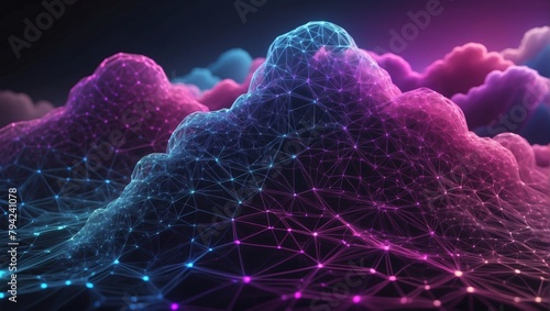 Embossed Network Mesh Illustrating Cloud Computing Connections, Gradient Shifting from Blue to Magenta. photo