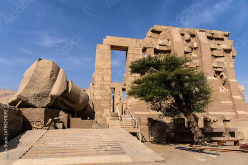 Luxor, Egypt: Exterior view of the famous Ramesseum, the memorial temple of Pharaoh Ramesses II in the Luxor westbank in Upper Egypt without any tourists around. photo