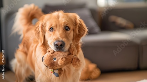 Eager Golden Retriever Holding Plush Toy in Mouth with Wagging Tail in Cozy Home Setting