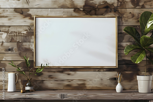 mock-up of a blank painting in a frame, landscape oriented, farmhouse decor, wood grain walls