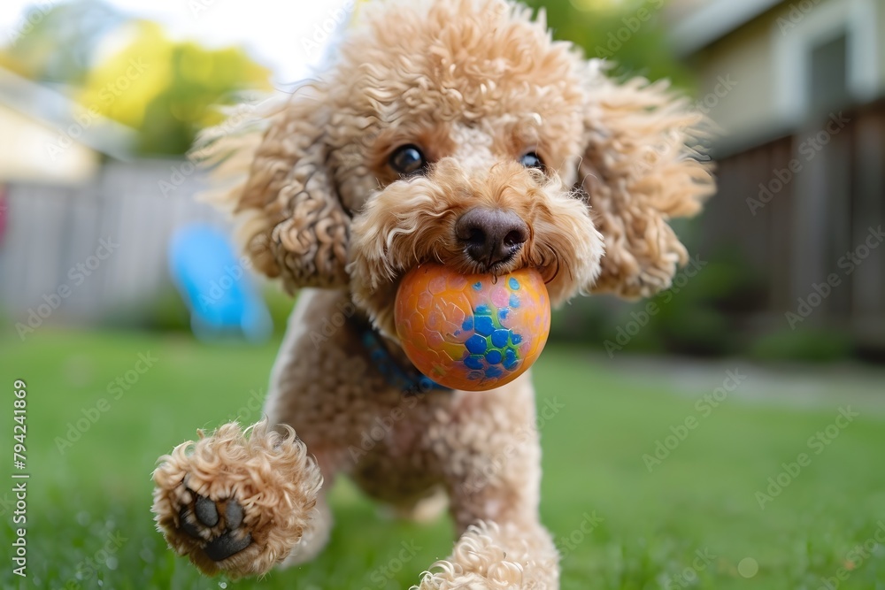 Playful Poodle Happily Bouncing with Rubber Ball in the Yard Playful Poodle Happily Bouncing with Rubber Ball in the Yard