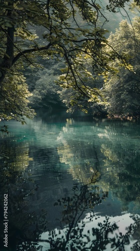 Serene Lakeside Landscape with Lush Foliage and Captivating Reflections