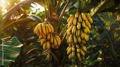 Close-up of a banana banquet. Banana tree with a bunch of growing ripe bananas, tropical forest plantation. End of growing fruit.